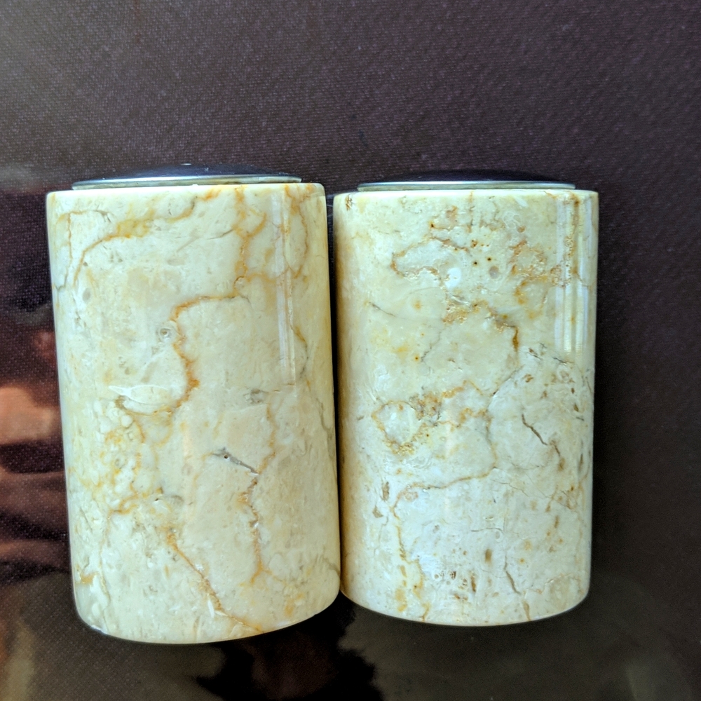 Marble heavyweight salt and pepper shakers set cream beige tan swirl